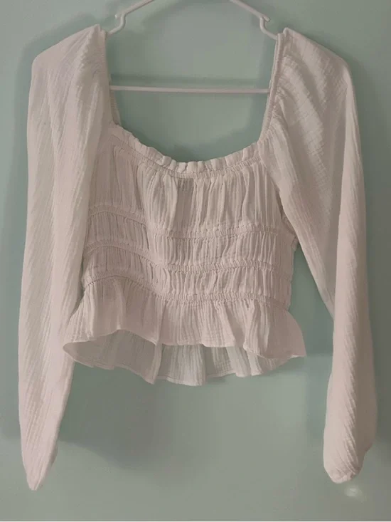 wild fable White Cropped Smocked Peasant Blouse with Ruffle Hem - Picture 2 of 8